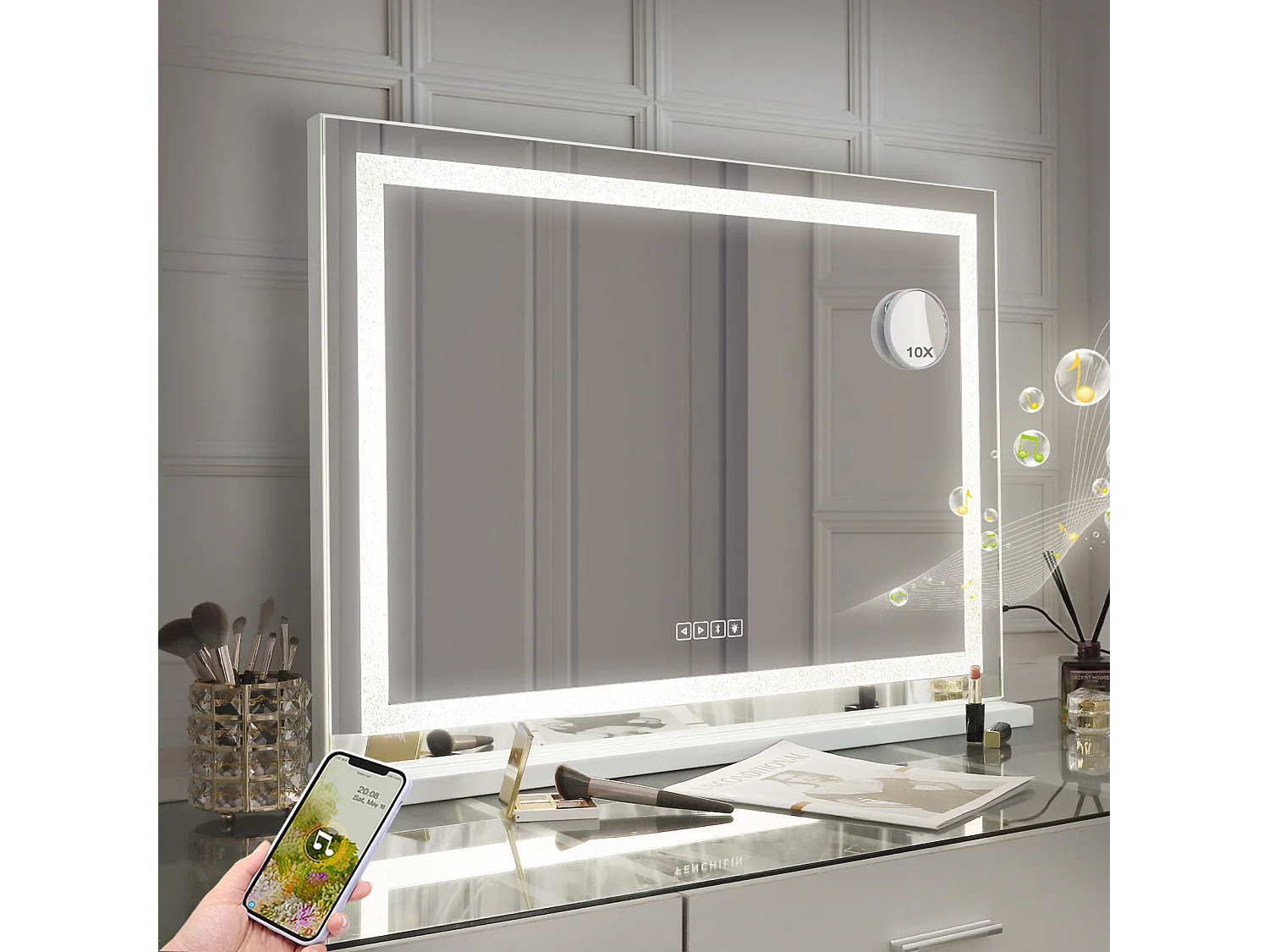 Hollywood make-up spiegel, muuraanplant met verlichting, maat 80x58cm - Bluetooth - LED strips in kristal