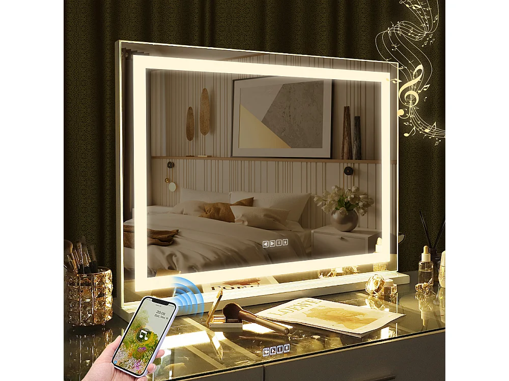 Hollywood make-up spiegel, muuraanplant met verlichting, maat 80x58cm - Bluetooth - LED strips in kristal