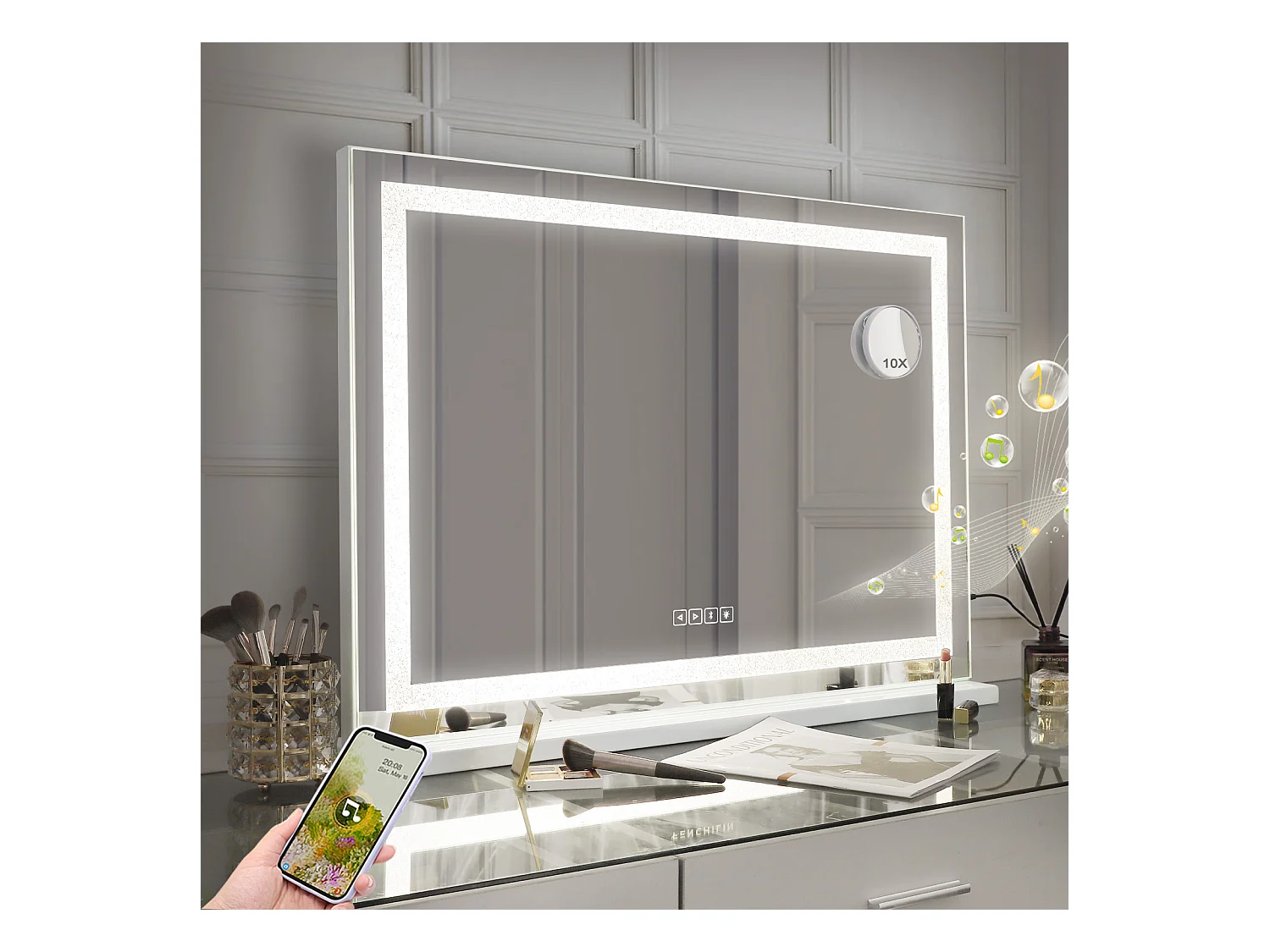 Miroir de maquillage hollywood coiffeuse mural avec lumière 80x58cm - Bluetooth - Bandes de LED en cristal