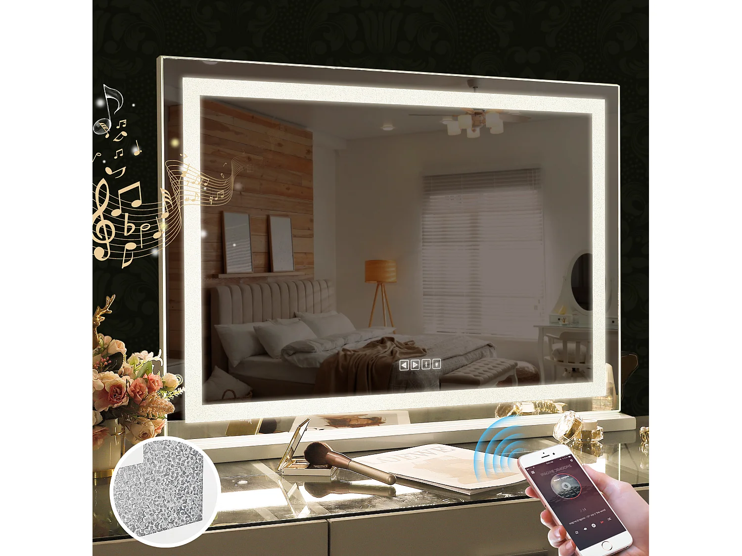 Espejo de maquillaje estilo Hollywood para tocador de pared con luz 80x58 cm - Bluetooth - Cintas de LED de cristal