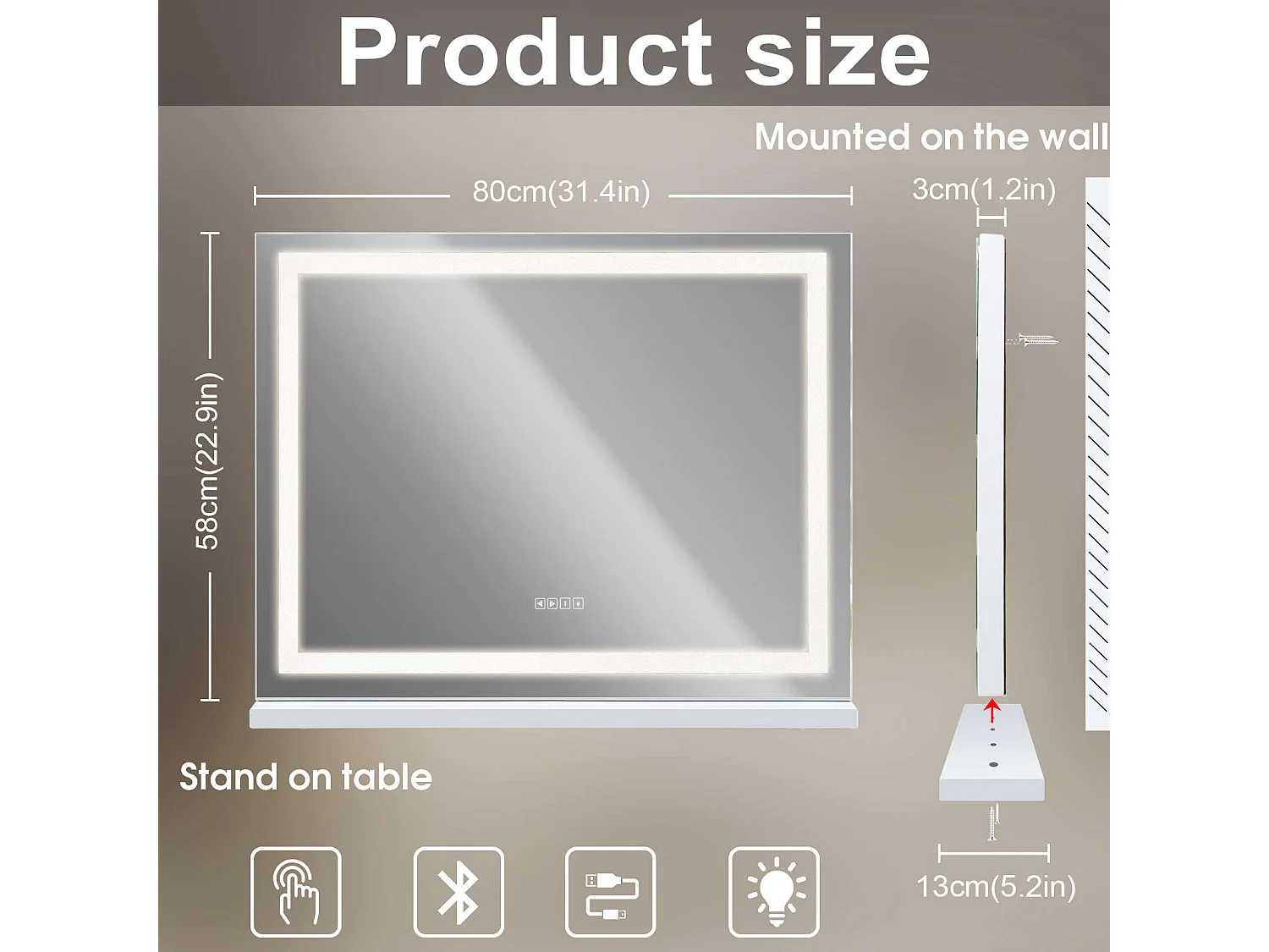 Espejo de maquillaje estilo Hollywood para tocador de pared con luz 80x58 cm - Bluetooth - Cintas de LED de cristal
