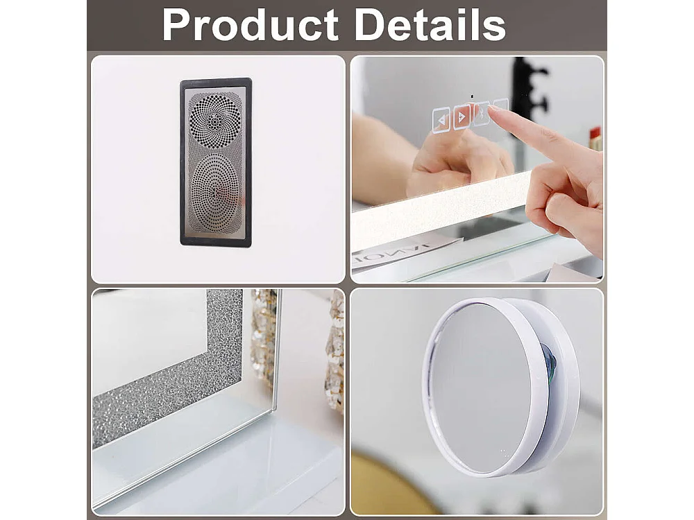 Miroir de maquillage hollywood coiffeuse mural avec lumière 80x58cm - Bluetooth - Bandes de LED en cristal