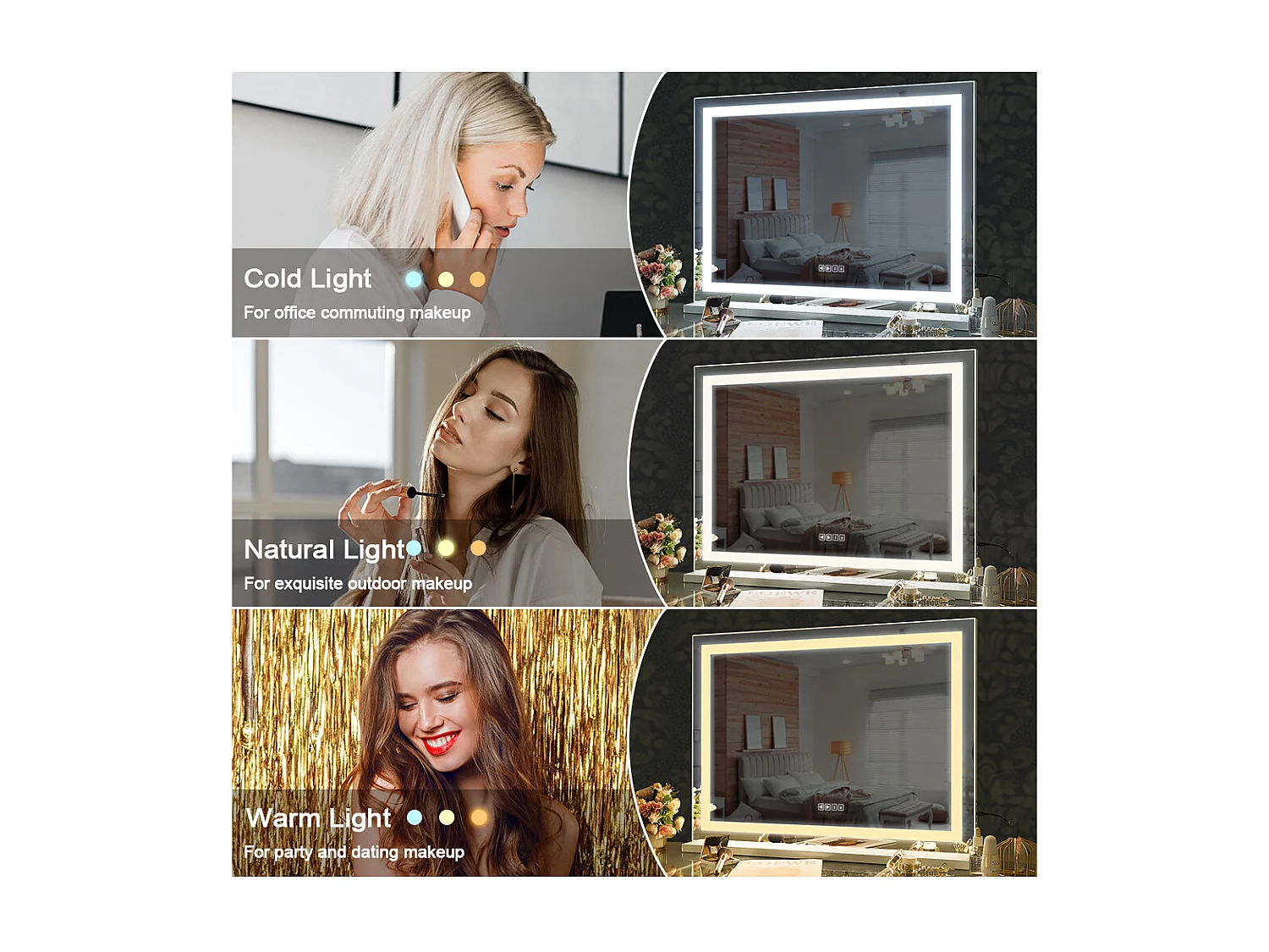 Miroir de maquillage hollywood coiffeuse mural avec lumière 80x58cm - Bluetooth - Bandes de LED en cristal