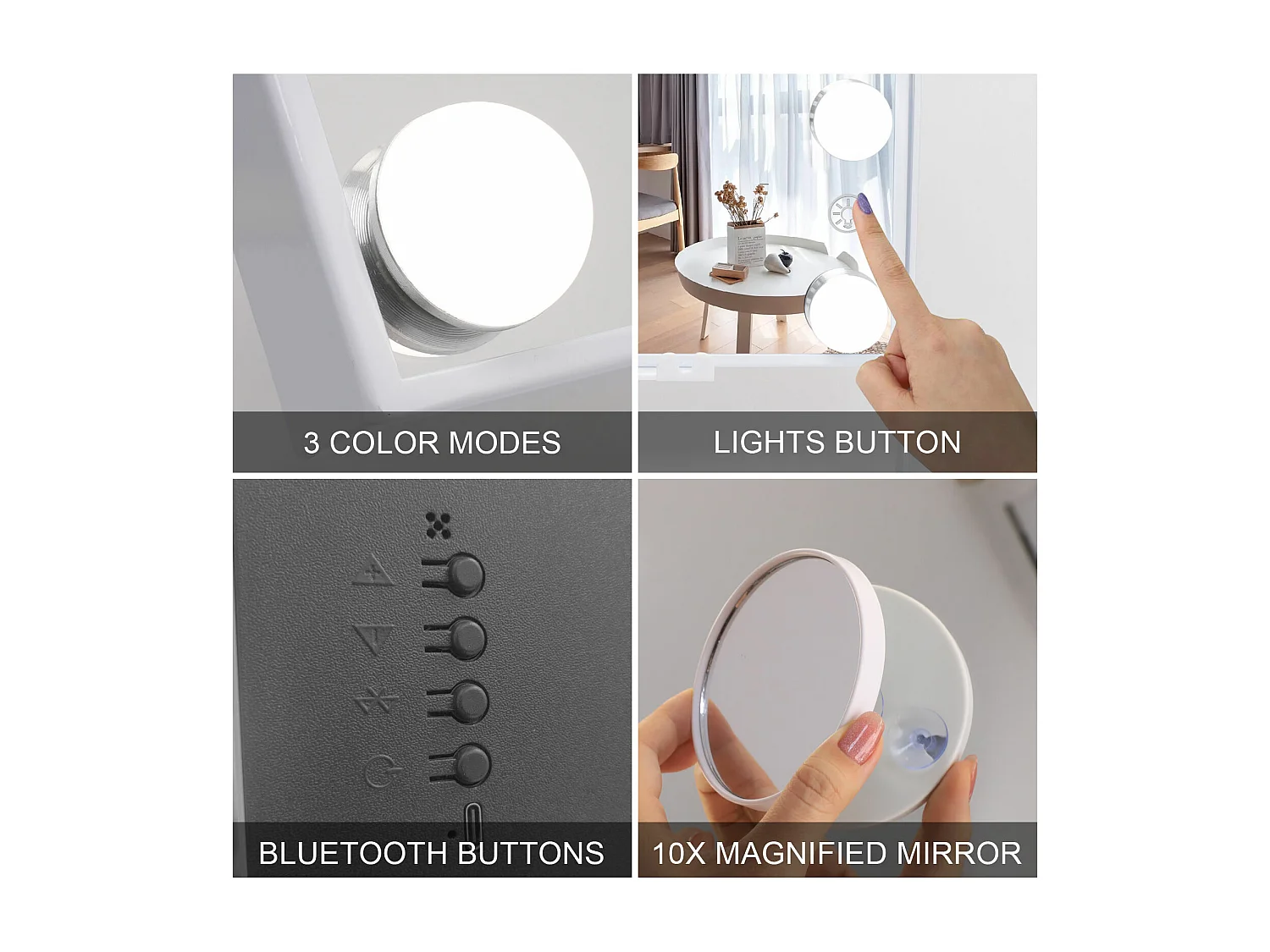 Espejo de maquillaje estilo Hollywood para tocador de pared con luz 25x30 cm - Bluetooth - Carga inalámbrica para teléfonos