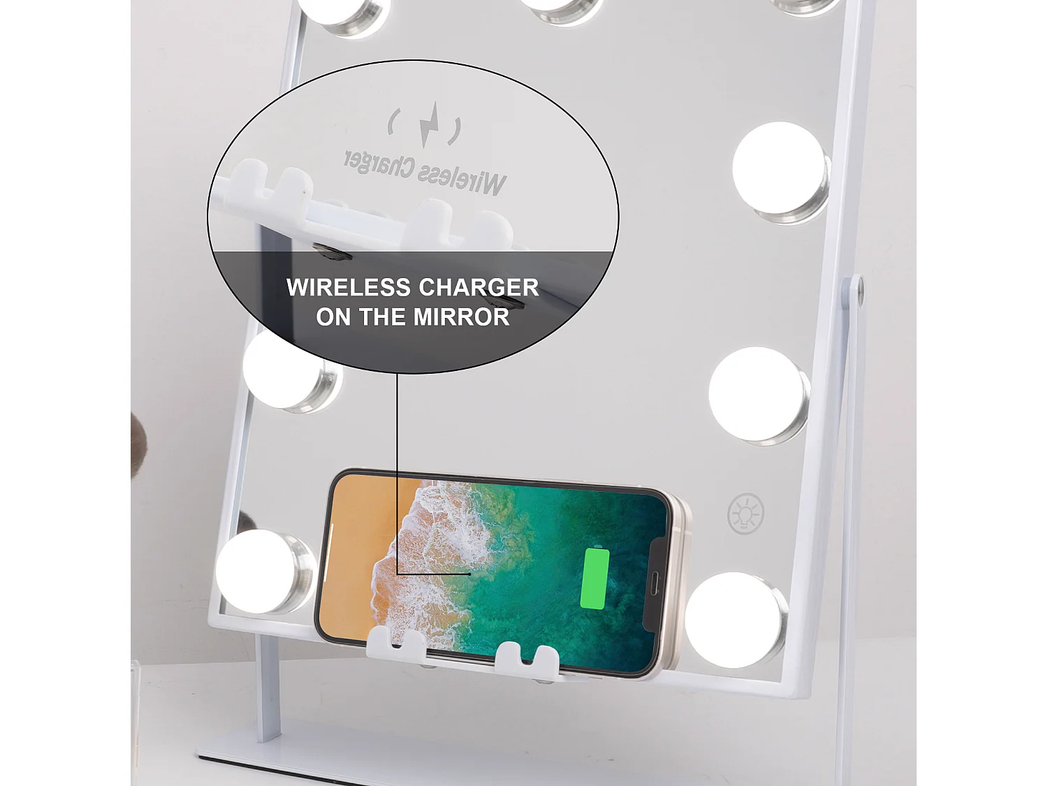 Espejo de maquillaje estilo Hollywood para tocador de pared con luz 25x30 cm - Bluetooth - Carga inalámbrica para teléfonos