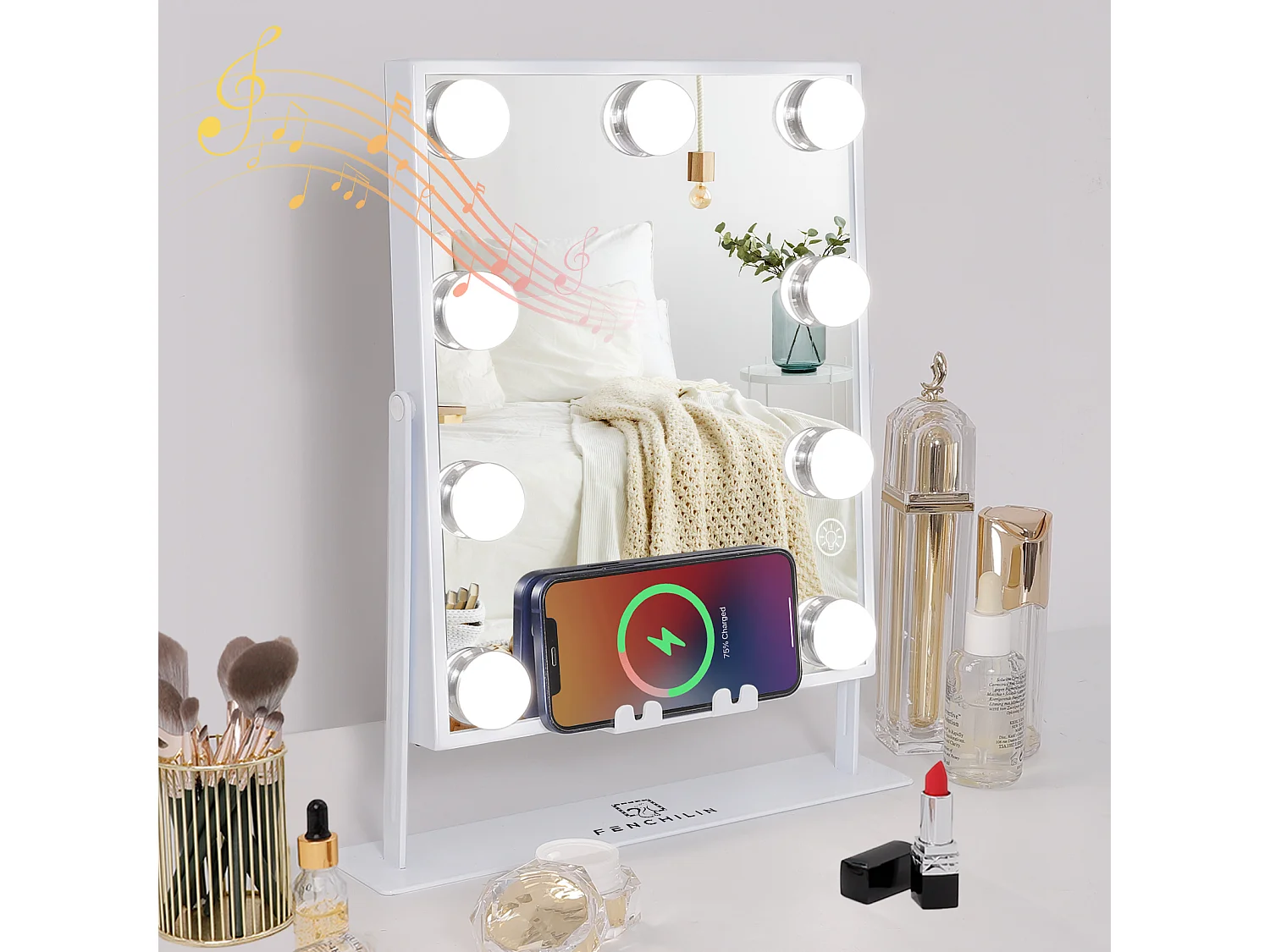 Espejo de maquillaje estilo Hollywood para tocador de pared con luz 25x30 cm - Bluetooth - Carga inalámbrica para teléfonos