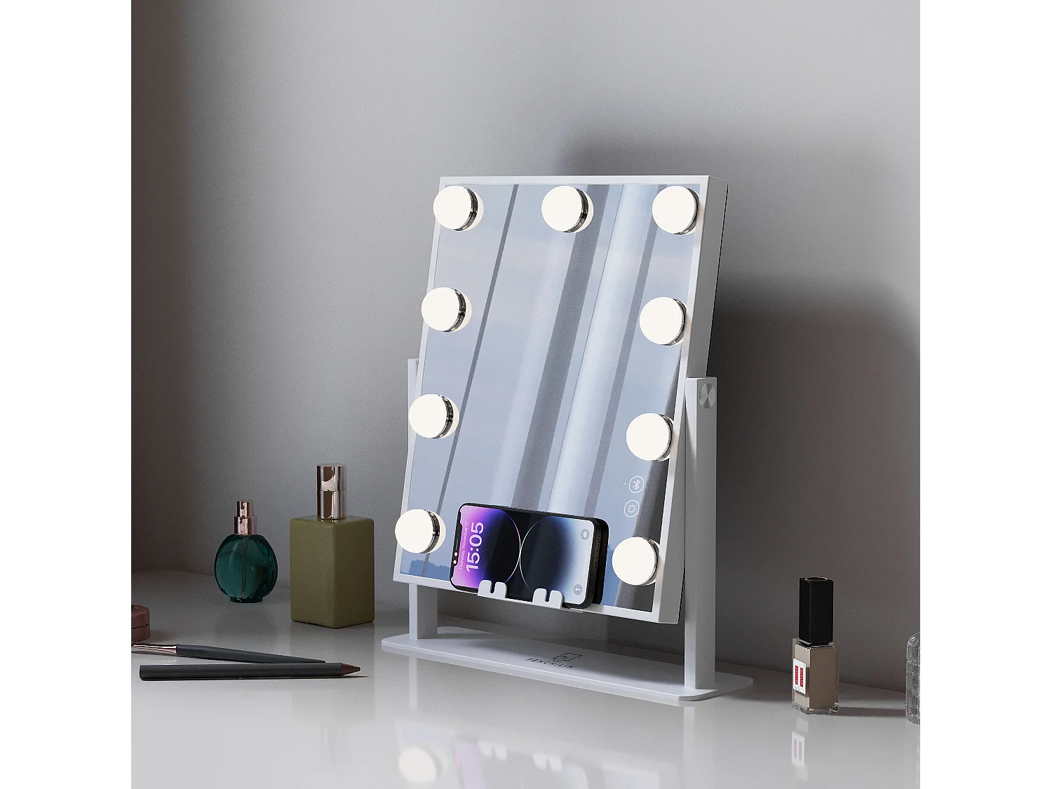 Miroir de maquillage hollywood coiffeuse mural avec lumière 25x30cm - Bluetooth - La recharge wireless pour phones
