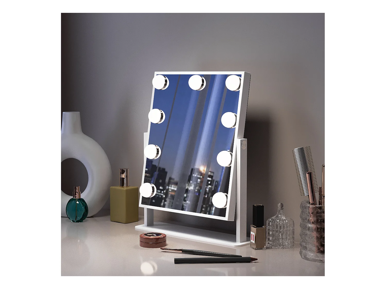 Espejo de maquillaje estilo Hollywood para tocador de pared con luz, 25x30 cm