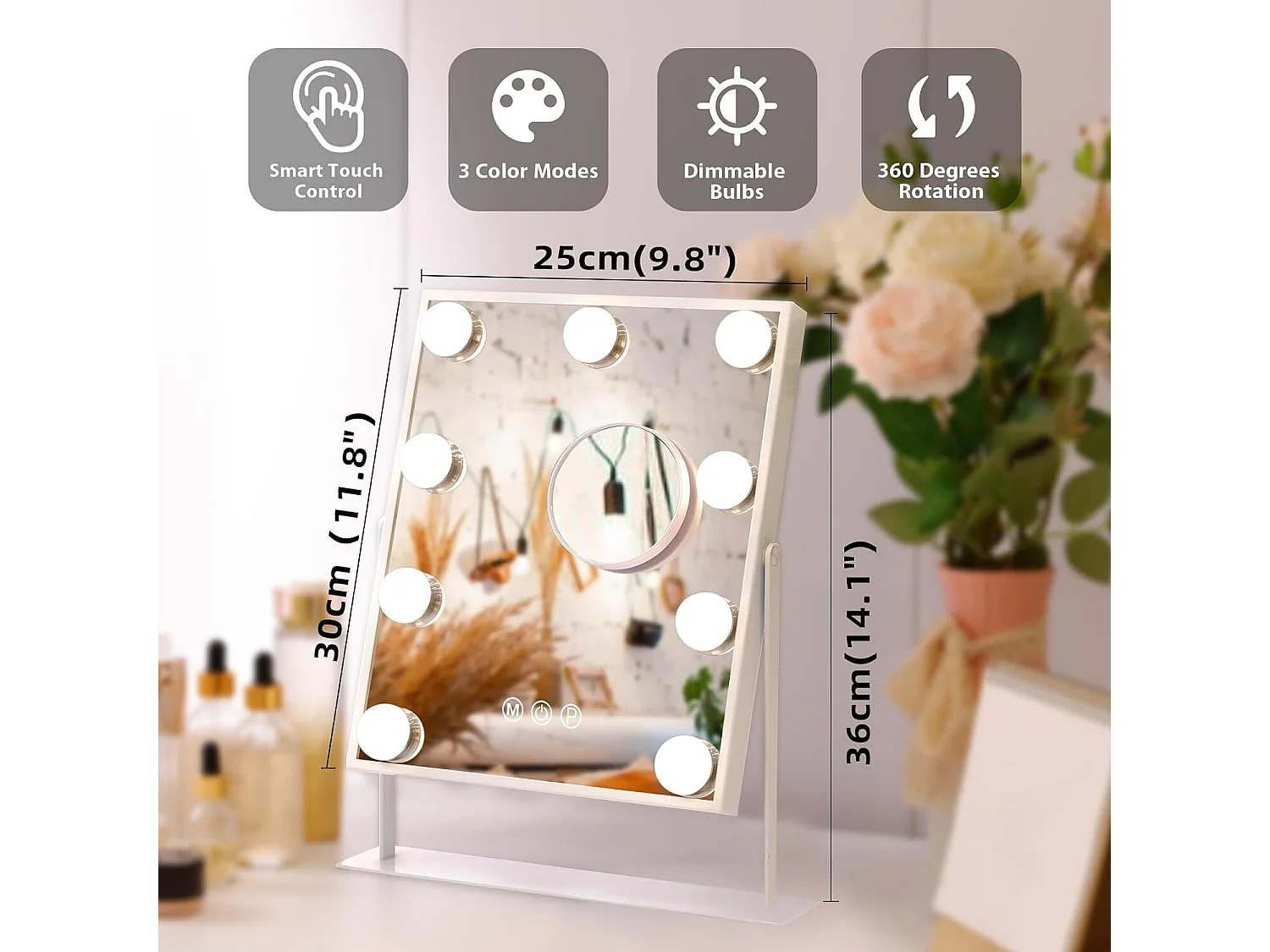 Miroir de maquillage hollywood coiffeuse mural avec lumière 25x30cm