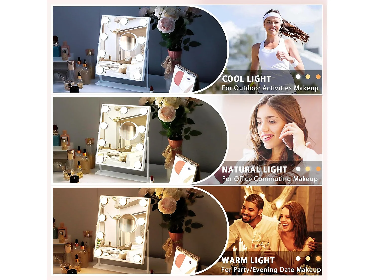 Miroir de maquillage hollywood coiffeuse mural avec lumière 25x30cm