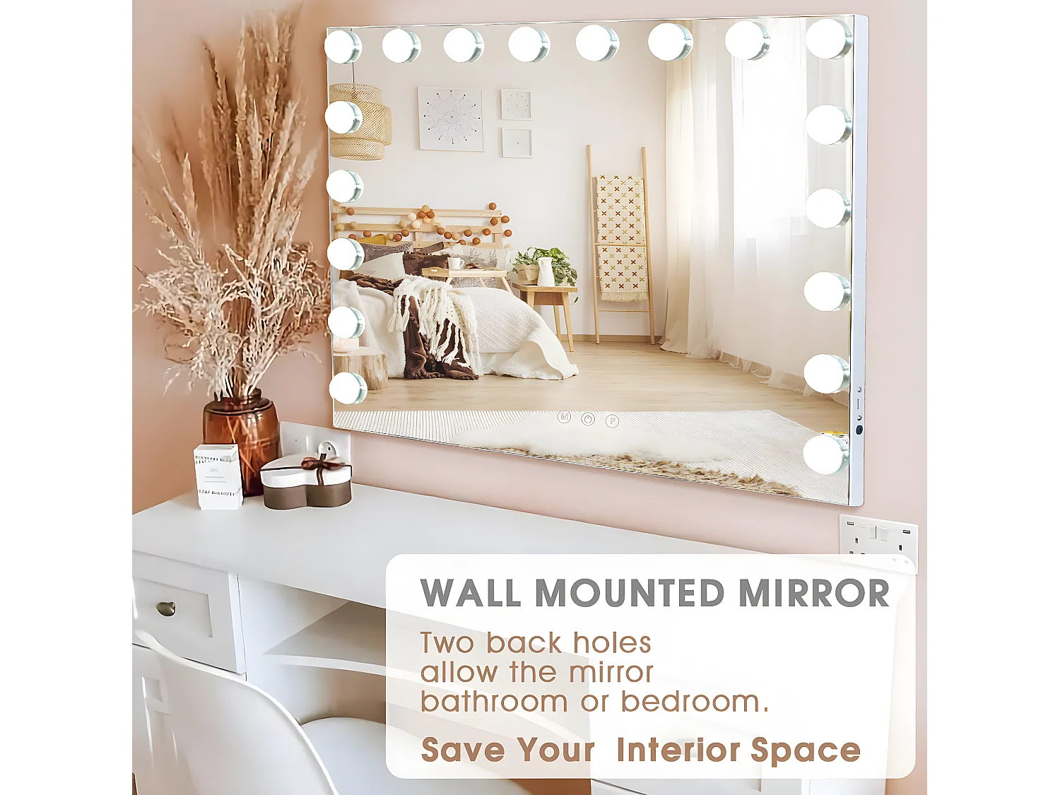 Hollywood make-up spiegel, muuraanplant met verlichting, maat 80x58cm