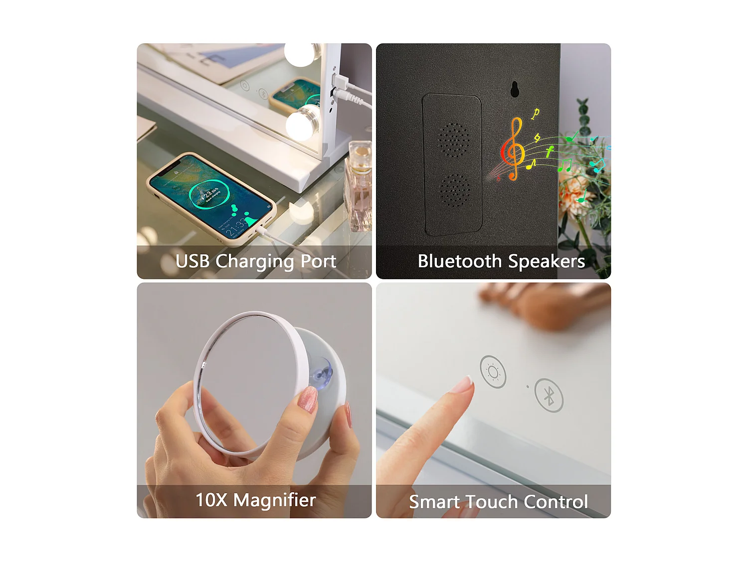 Miroir de maquillage hollywood coiffeuse mural avec lumière 58x46cm - Bluetooth