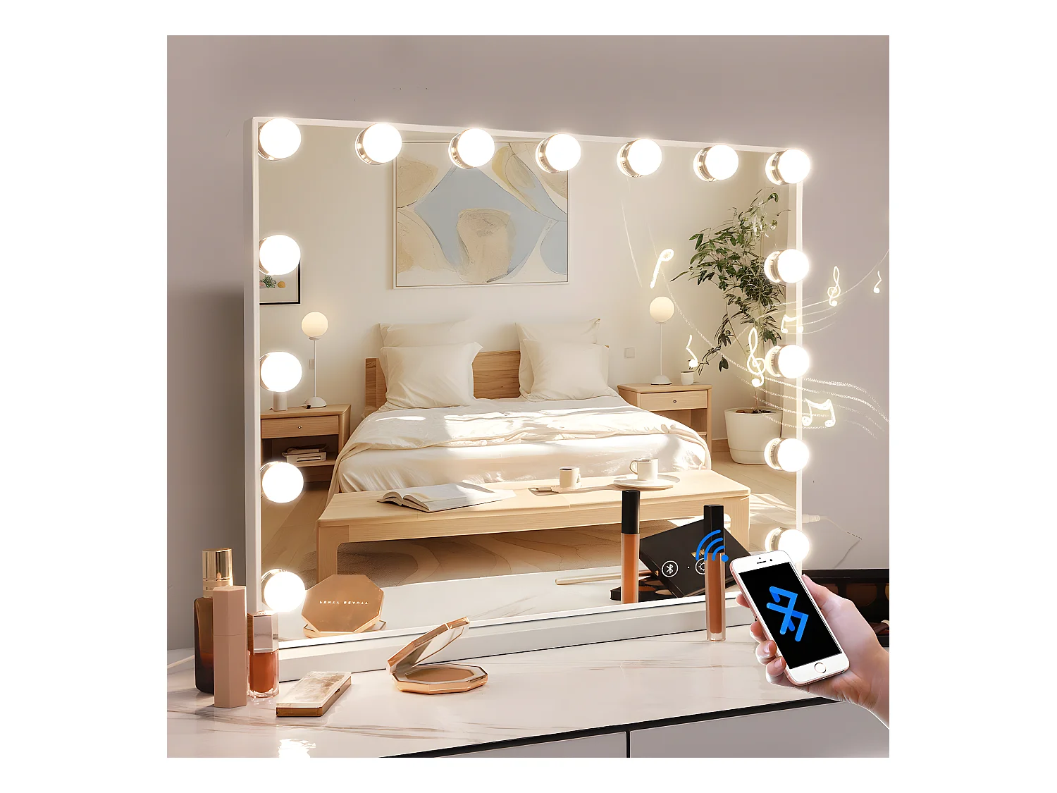 Miroir de maquillage hollywood coiffeuse mural avec lumière 58x46cm - Bluetooth