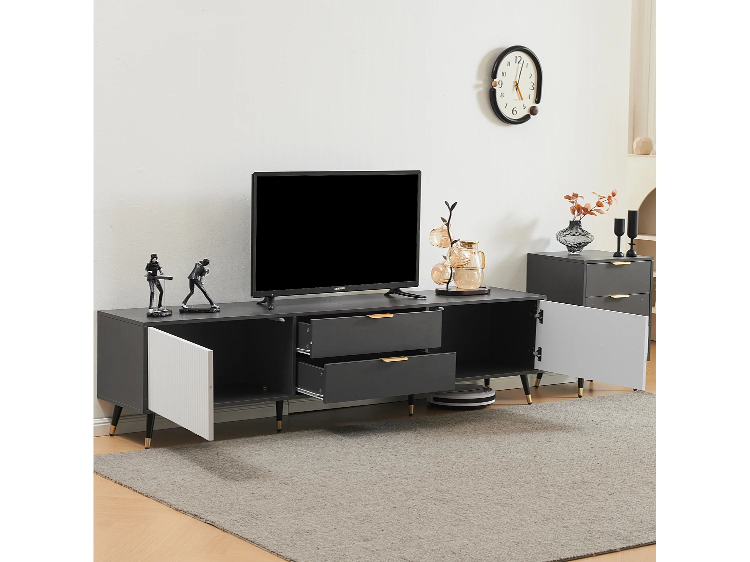 Elegante mueble para TV con 2 cajones, 2 puertas y pasacables - 200 x 40 x 50 cm - diseño moderno - gris y blanco