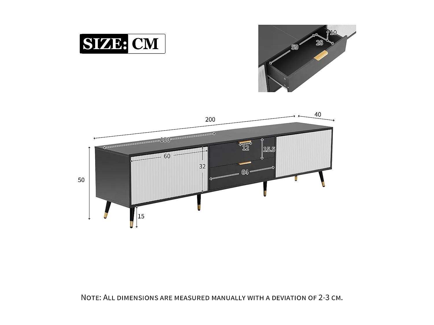 Elegante mueble para TV con 2 cajones, 2 puertas y pasacables - 200 x 40 x 50 cm - diseño moderno - gris y blanco