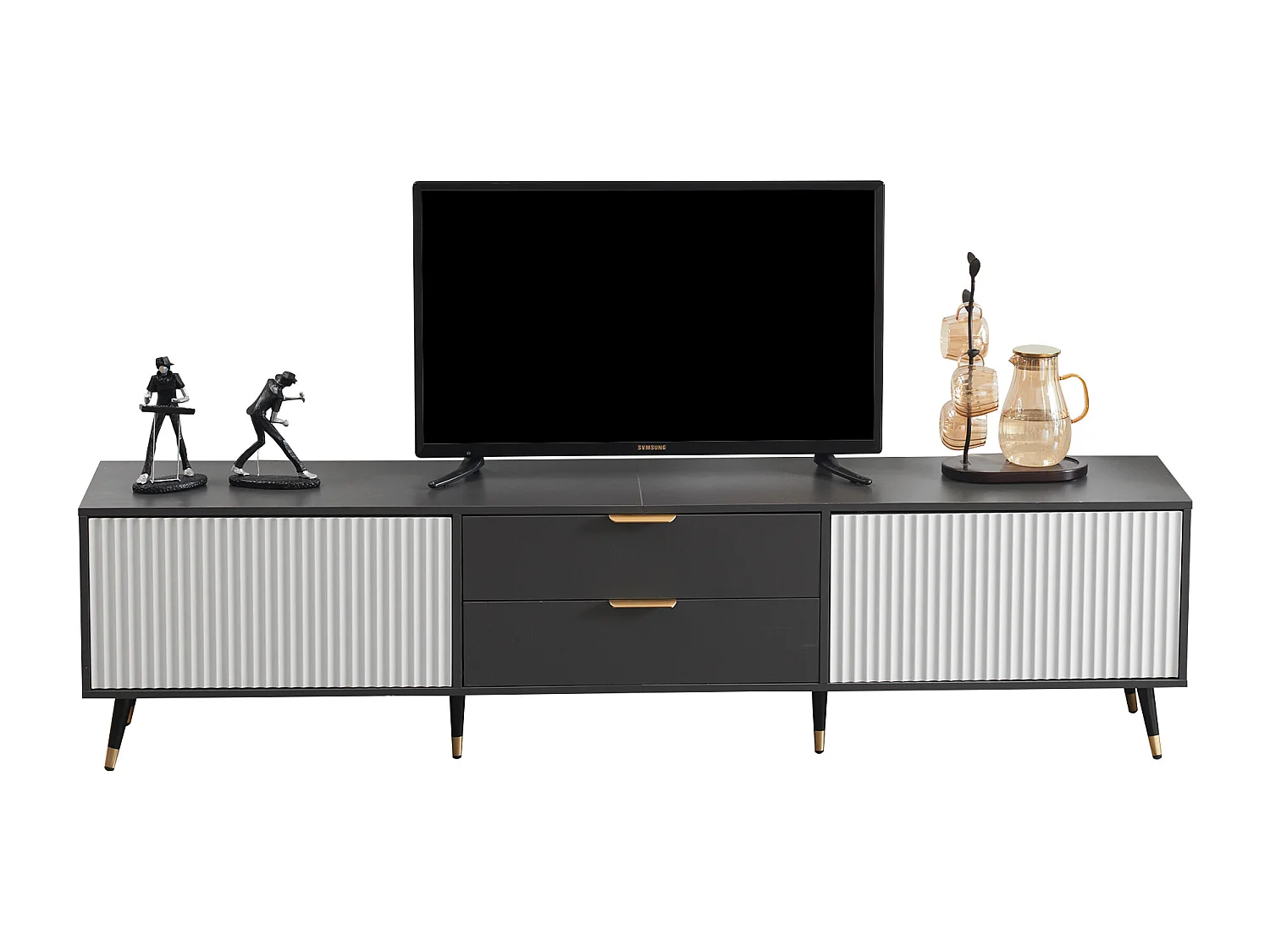 Elegante mueble para TV con 2 cajones, 2 puertas y pasacables - 200 x 40 x 50 cm - diseño moderno - gris y blanco