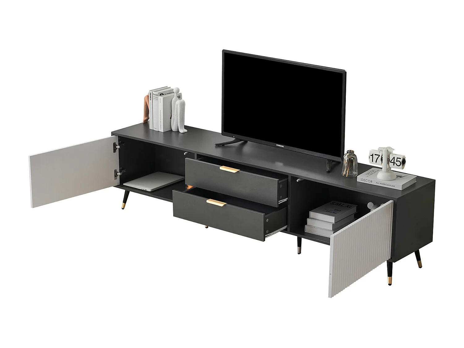 Elegante mueble para TV con 2 cajones, 2 puertas y pasacables - 200 x 40 x 50 cm - diseño moderno - gris y blanco