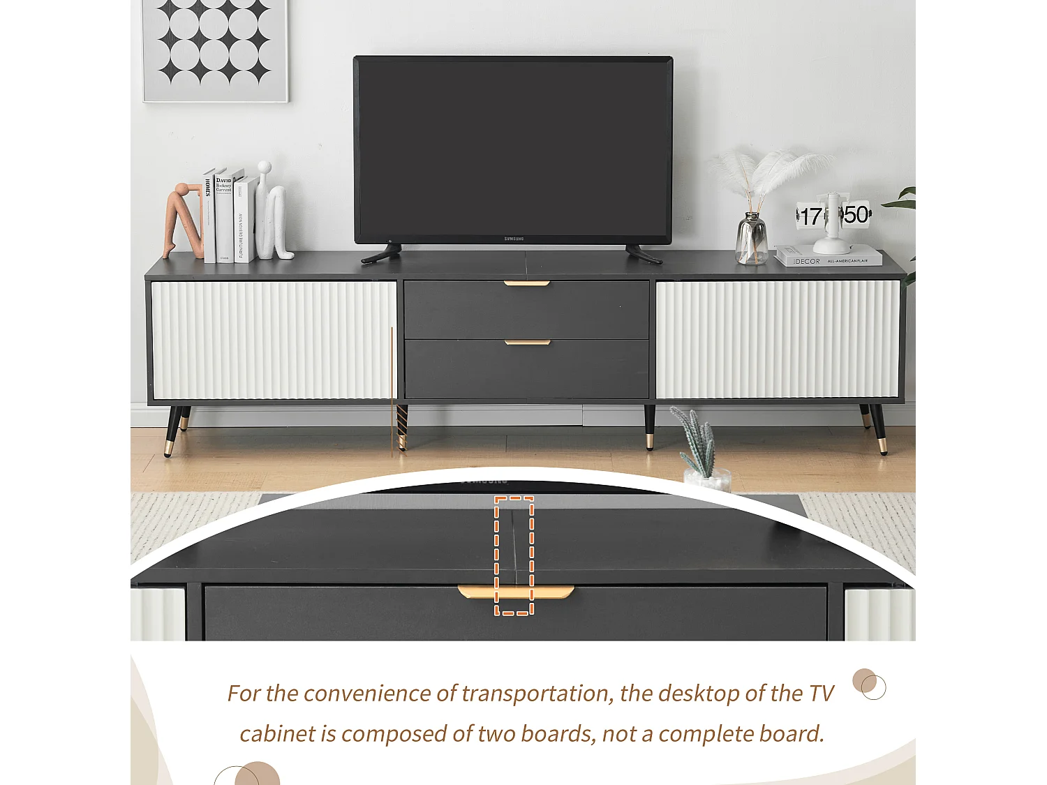 Elegante mueble para TV con 2 cajones, 2 puertas y pasacables - 200 x 40 x 50 cm - diseño moderno - gris y blanco