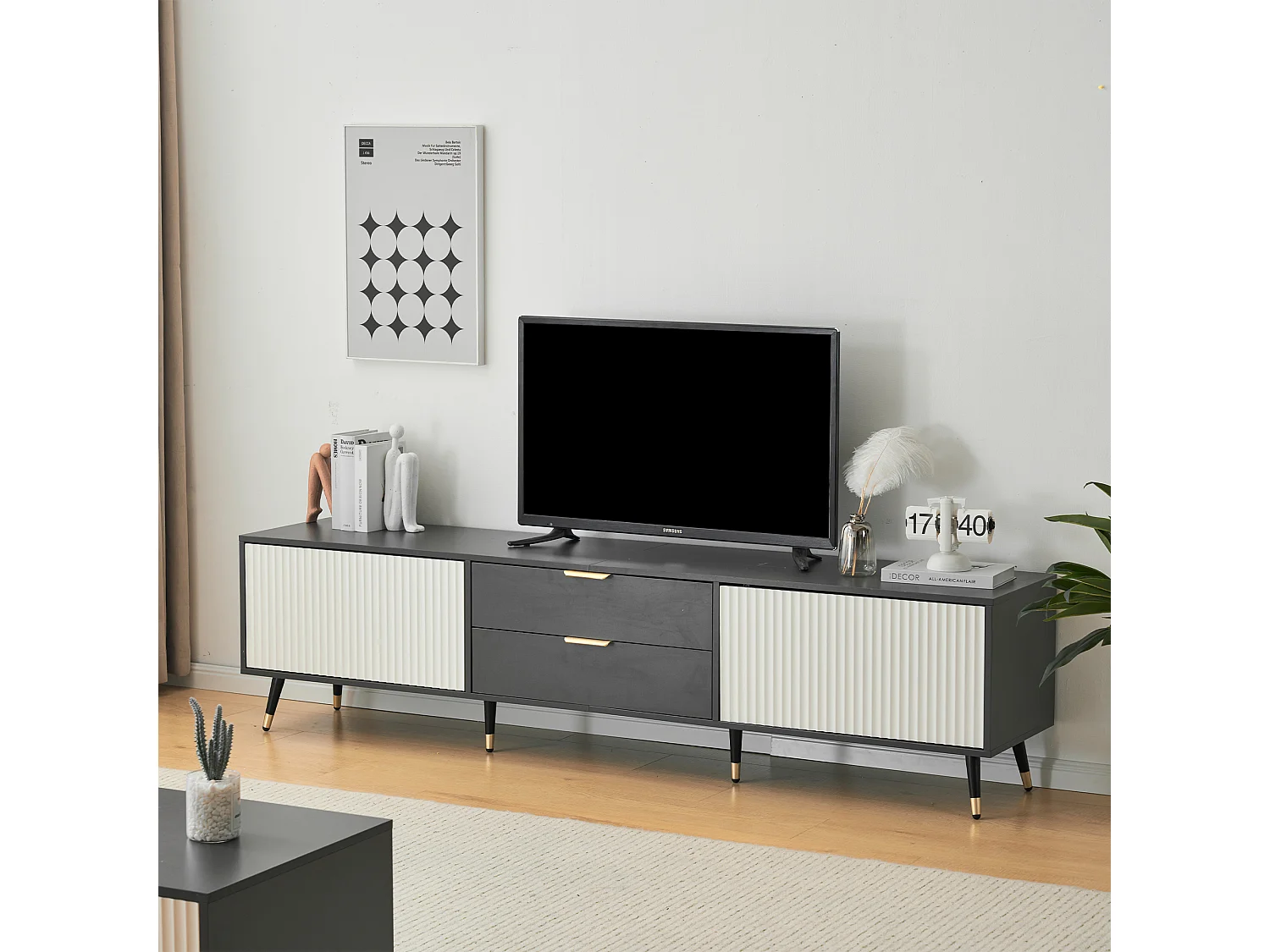 Elegante mueble para TV con 2 cajones, 2 puertas y pasacables - 200 x 40 x 50 cm - diseño moderno - gris y blanco