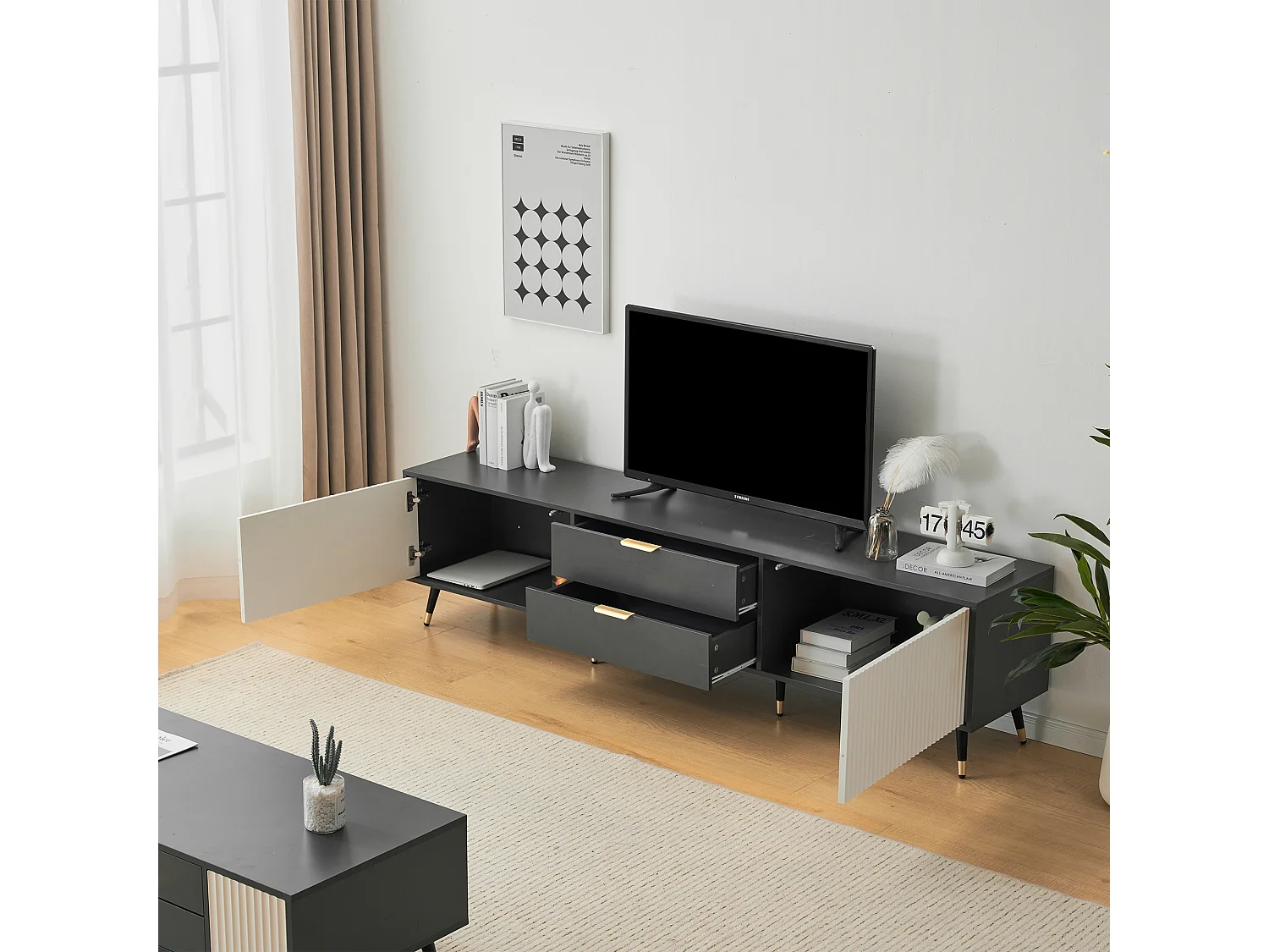 Elegante mueble para TV con 2 cajones, 2 puertas y pasacables - 200 x 40 x 50 cm - diseño moderno - gris y blanco