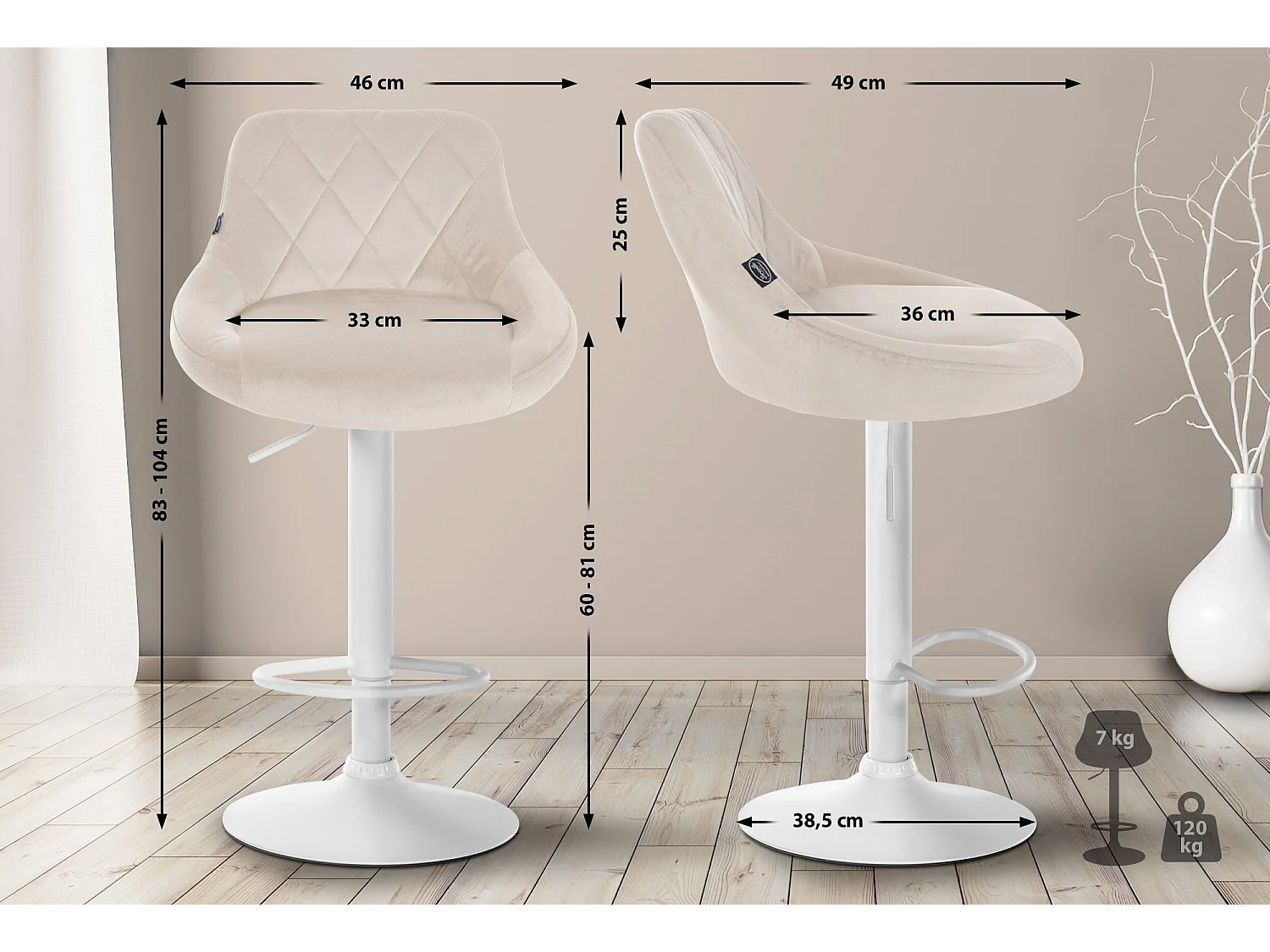 Lot de 2  Tabouret de bar - Velours & Métal - Crème - Lazio
