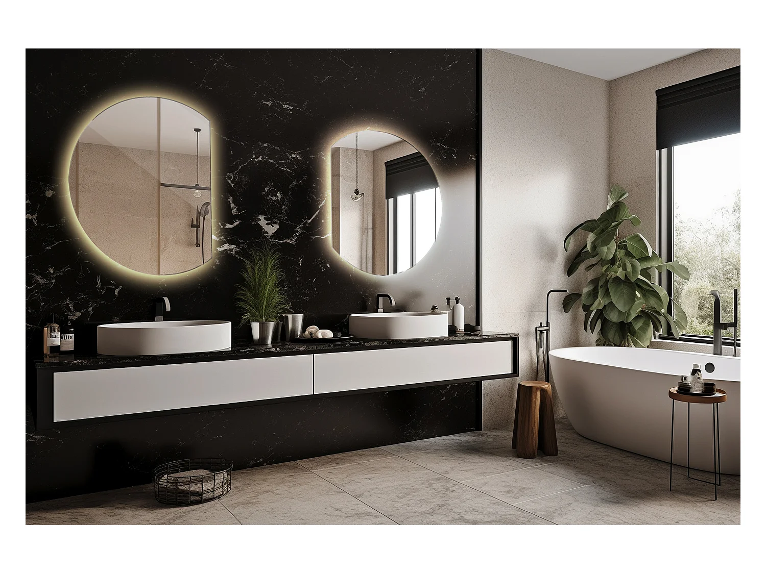 Specchio LED Rotondo Smussato, Specchio da Bagno Sospeso, Illuminato - 80 cm - Luce Calda