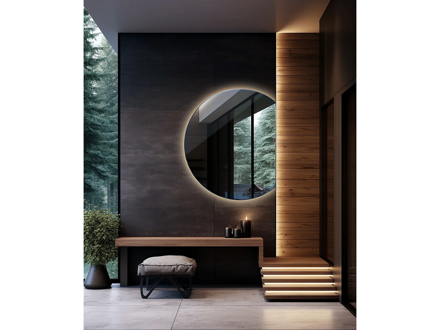 Miroir LED rond biseauté, miroir de salle de bain suspendu, lumineux - 90 cm - Lumière neutre