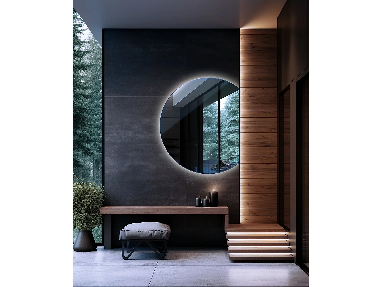 Runder, abgeschrägter Spiegel, moderner Spiegel mit LED-Hintergrundbeleuchtung – 100 cm – Kaltes Licht