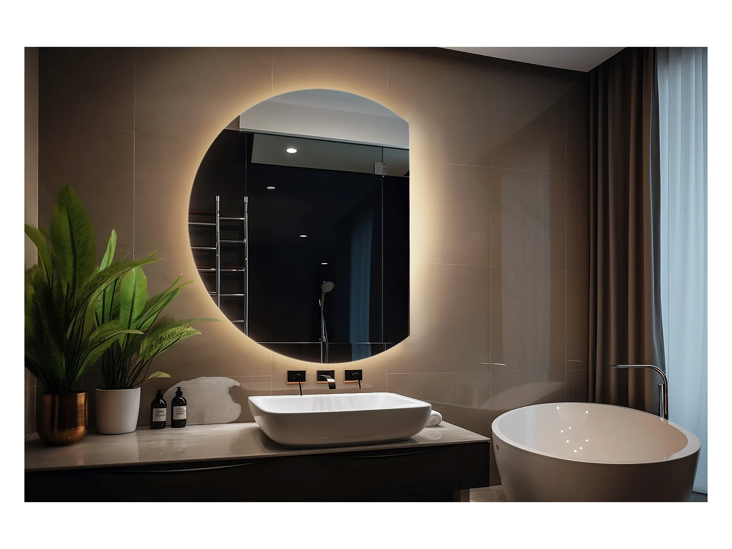 Miroir LED rond biseauté, miroir de salle de bain suspendu, lumineux - 90 cm - Lumière chaude