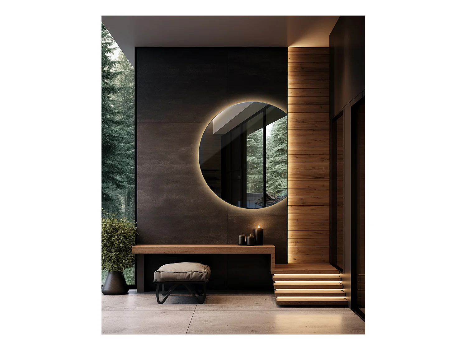 Miroir LED rond biseauté, miroir de salle de bain suspendu, lumineux - 90 cm - Lumière chaude