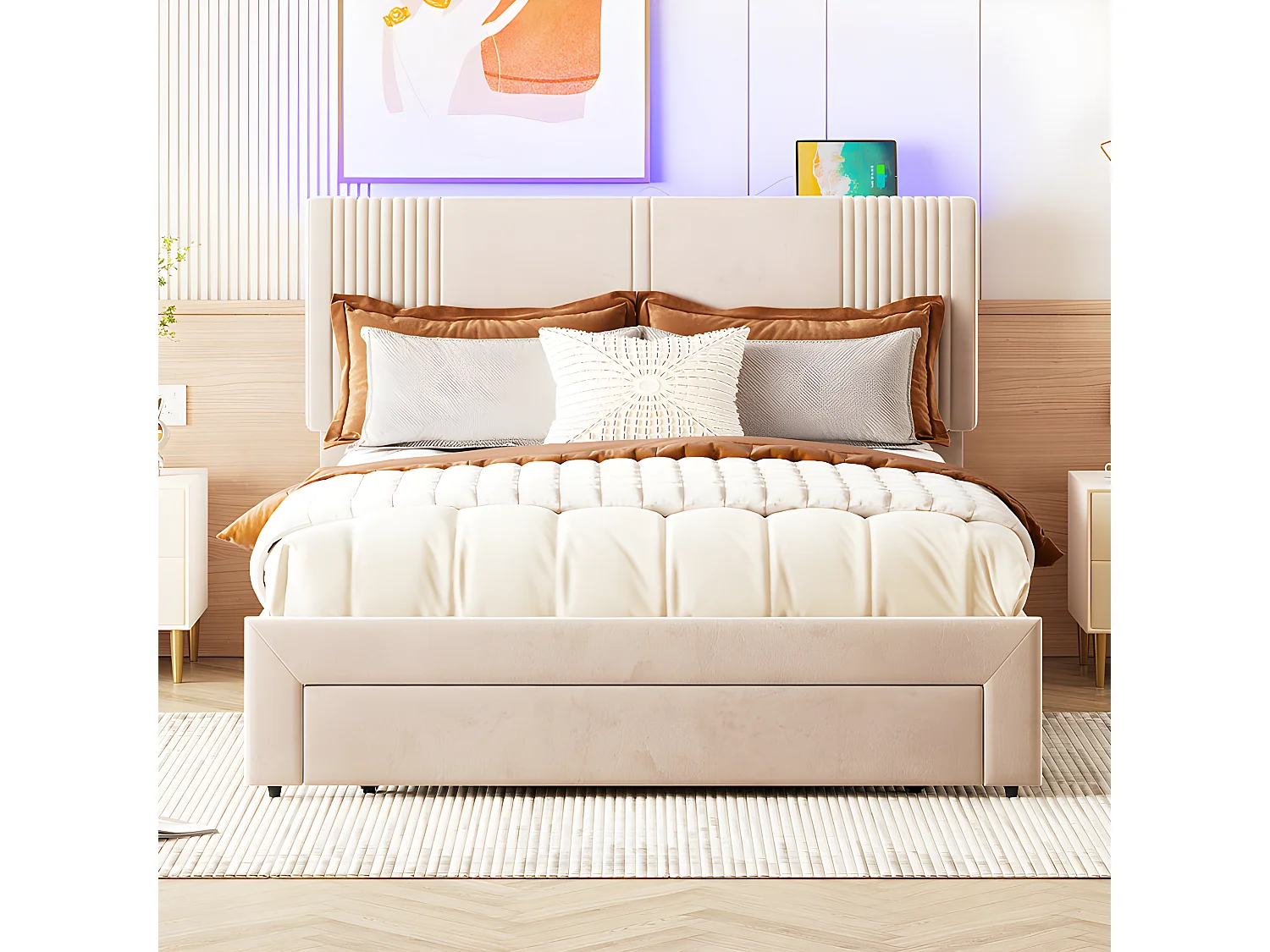 Tweepersoonsbed bekleed met fluweel 140x200cm - met LED en USB-oplaadpoort - met grote lade - Beige