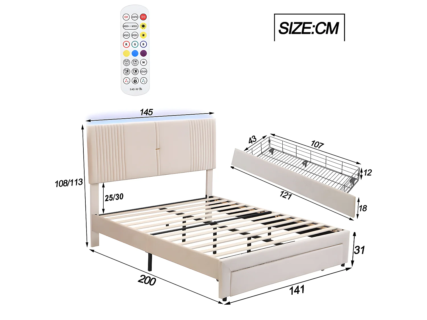 Tweepersoonsbed bekleed met fluweel 140x200cm - met LED en USB-oplaadpoort - met grote lade - Beige