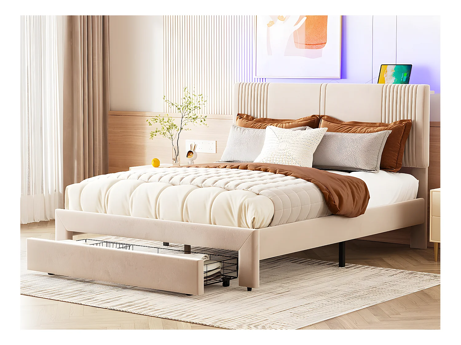 Lit double rembourré en velours 140x200cm - avec LED et Port de charge USB - avec un grand tiroir - Beige