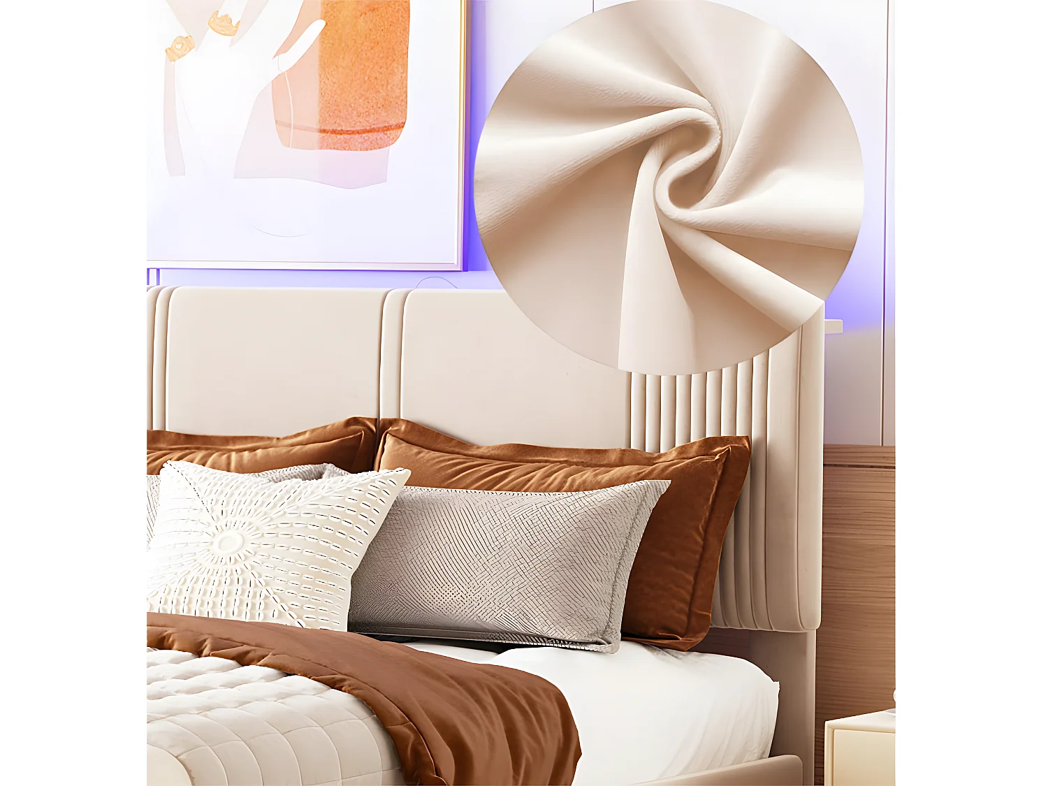 Lit double rembourré en velours 140x200cm - avec LED et Port de charge USB - avec un grand tiroir - Beige