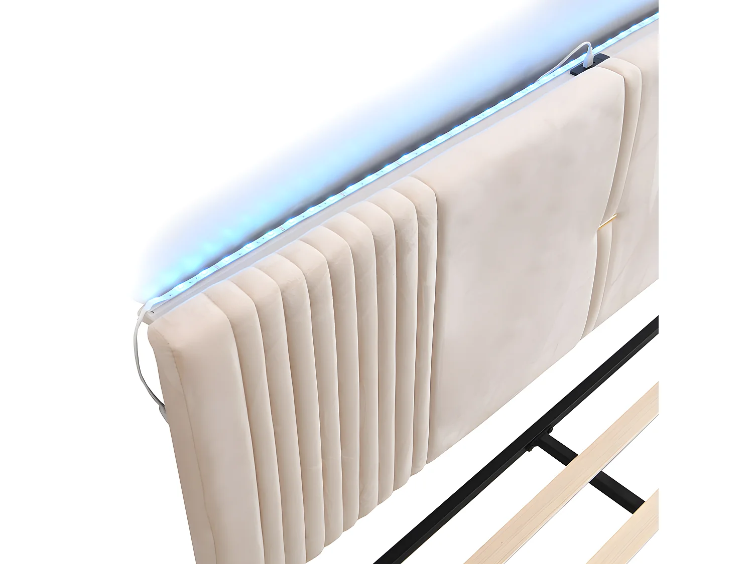 Lit double rembourré en velours 140x200cm - avec LED et Port de charge USB - avec un grand tiroir - Beige