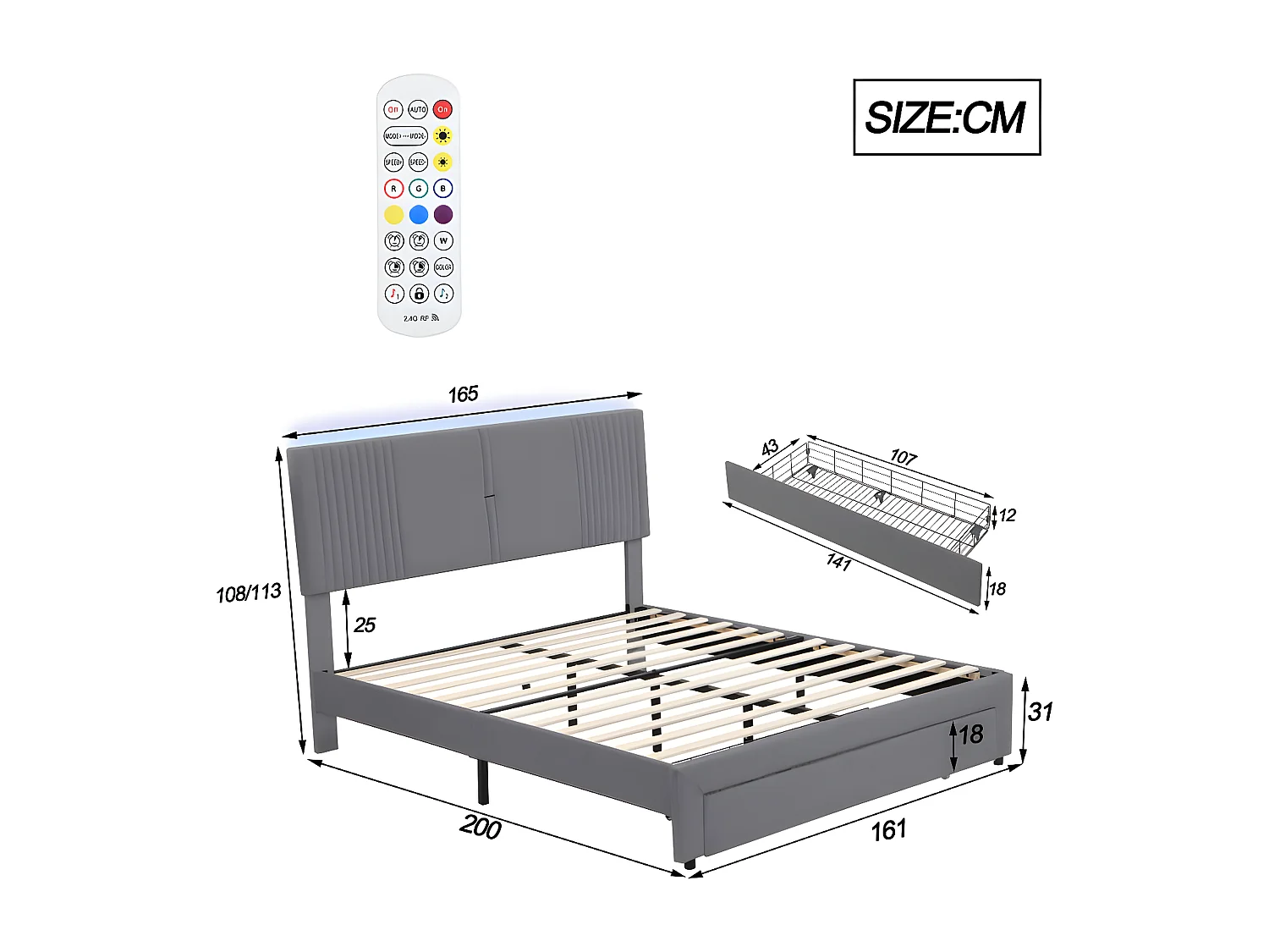 Tweepersoonsbed bekleed met fluweel 160x200cm - met LED en USB-oplaadpoort - met grote lade - Grijs