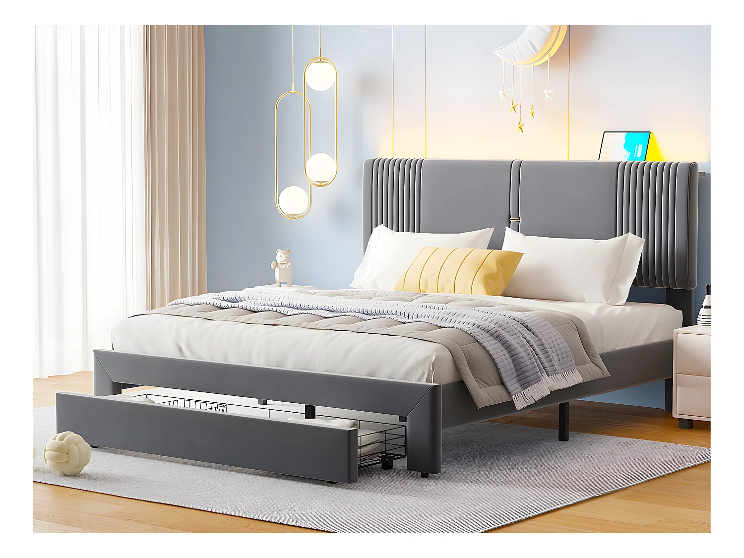 Lit double rembourré en velours 160x200cm - avec LED et Port de charge USB - avec un grand tiroir - Gris