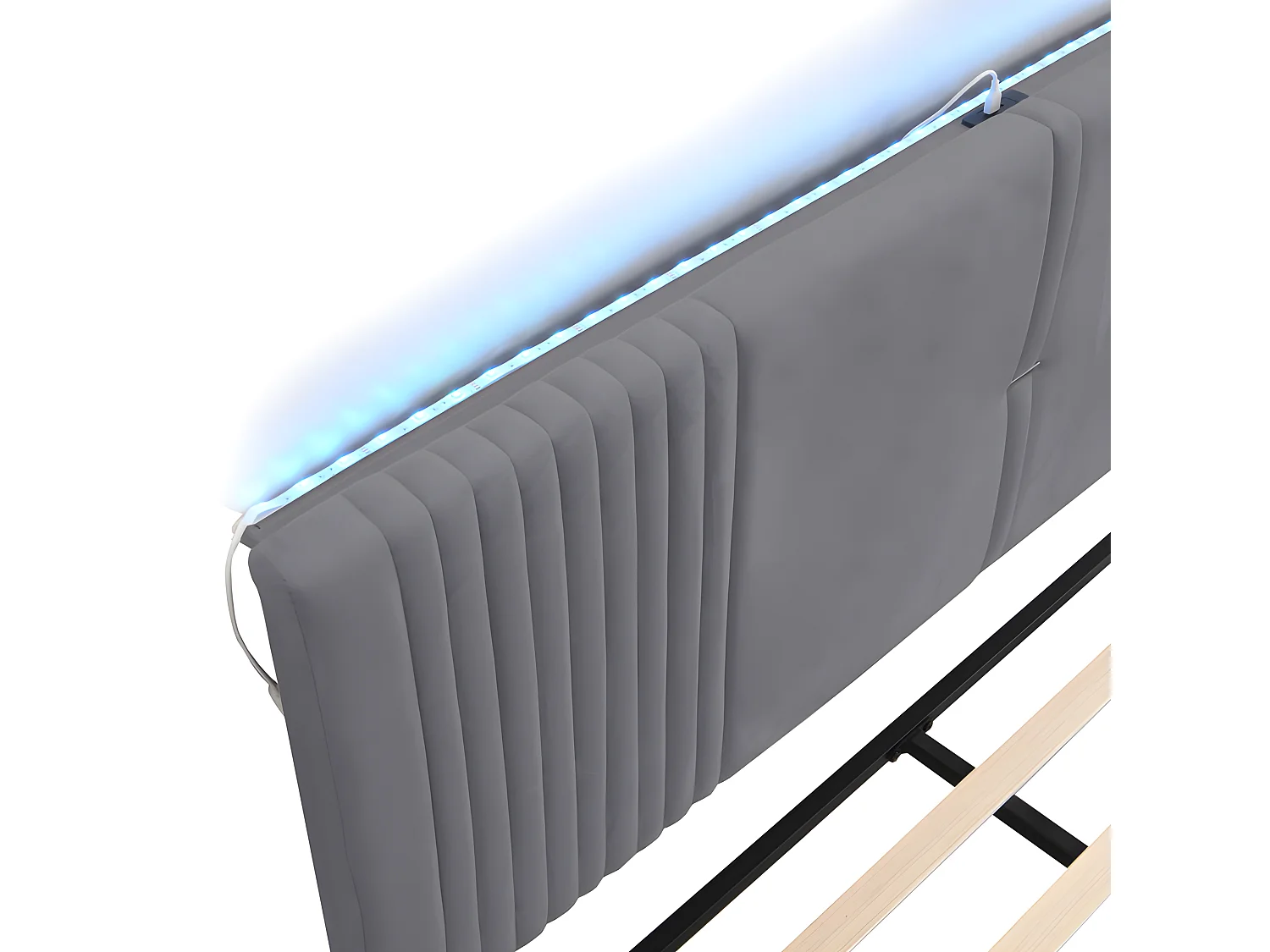 Lit double rembourré en velours 160x200cm - avec LED et Port de charge USB - avec un grand tiroir - Gris