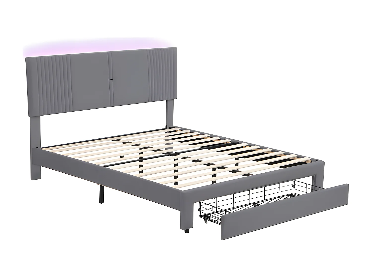 Lit double rembourré en velours 160x200cm - avec LED et Port de charge USB - avec un grand tiroir - Gris