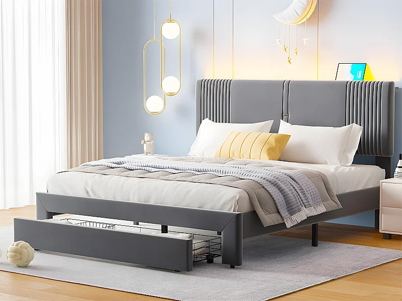 Lit double rembourré en velours 160x200cm - avec LED et Port de charge USB - avec un grand tiroir - Gris