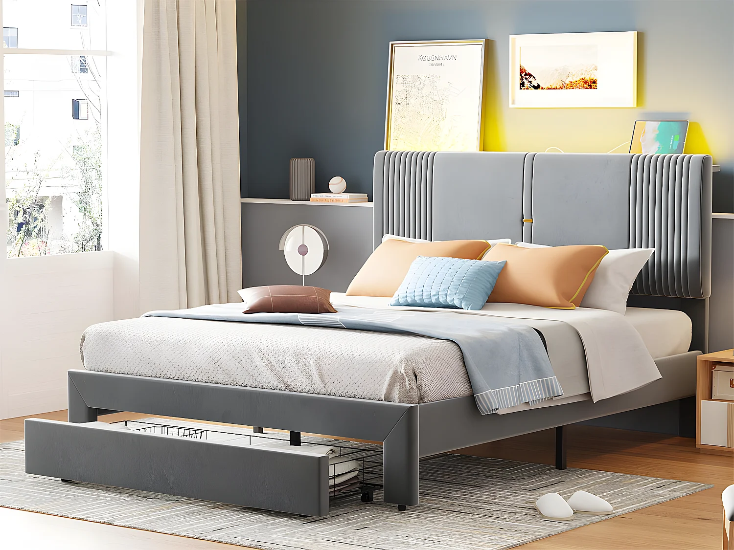 Tweepersoonsbed bekleed met fluweel 140x200cm - met LED en USB-oplaadpoort - met grote lade - Grijs