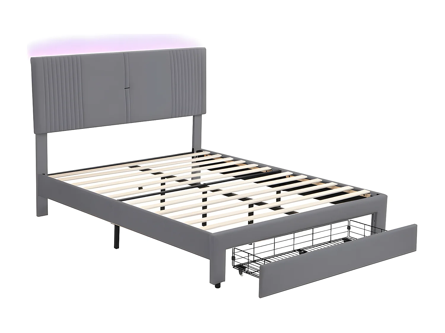 Tweepersoonsbed bekleed met fluweel 140x200cm - met LED en USB-oplaadpoort - met grote lade - Grijs