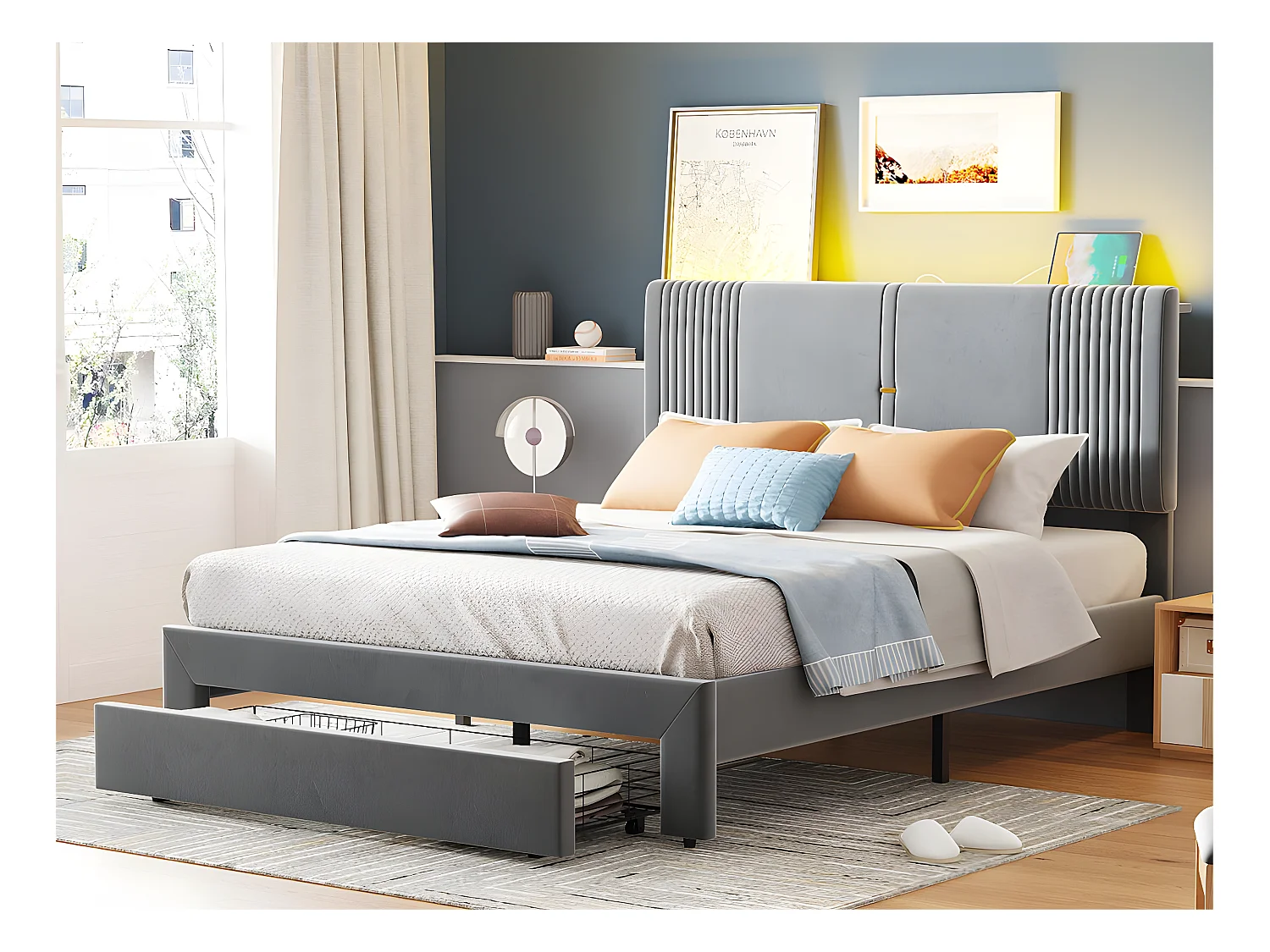 Lit double rembourré en velours 140x200cm - avec LED et Port de charge USB - avec un grand tiroir - Gris