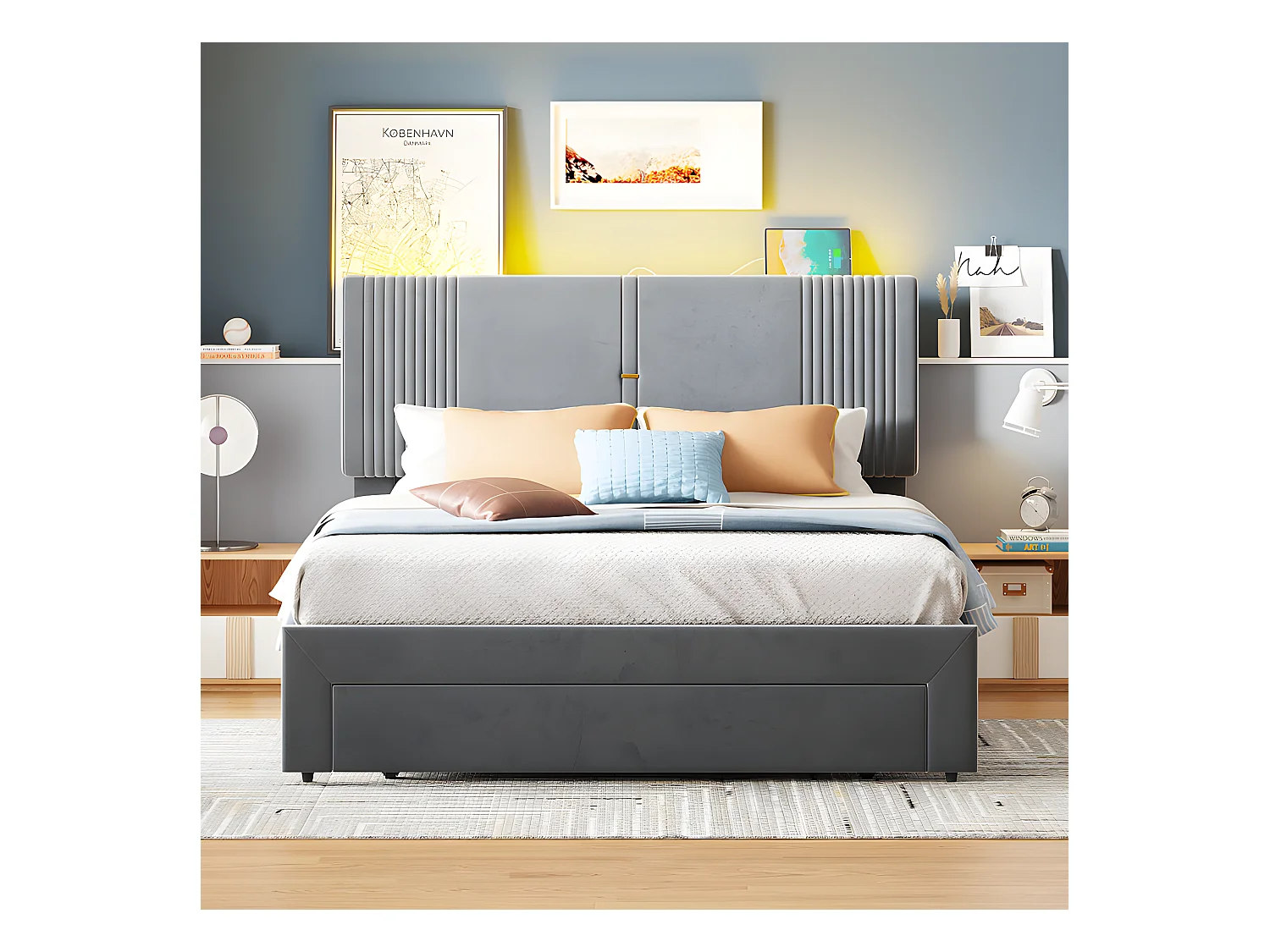 Lit double rembourré en velours 140x200cm - avec LED et Port de charge USB - avec un grand tiroir - Gris