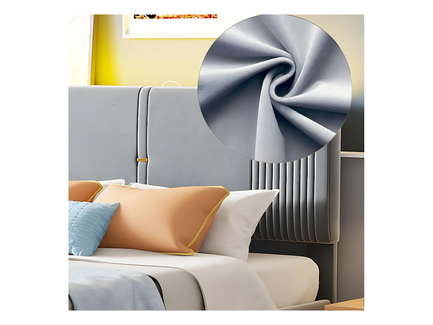 Lit double rembourré en velours 140x200cm - avec LED et Port de charge USB - avec un grand tiroir - Gris