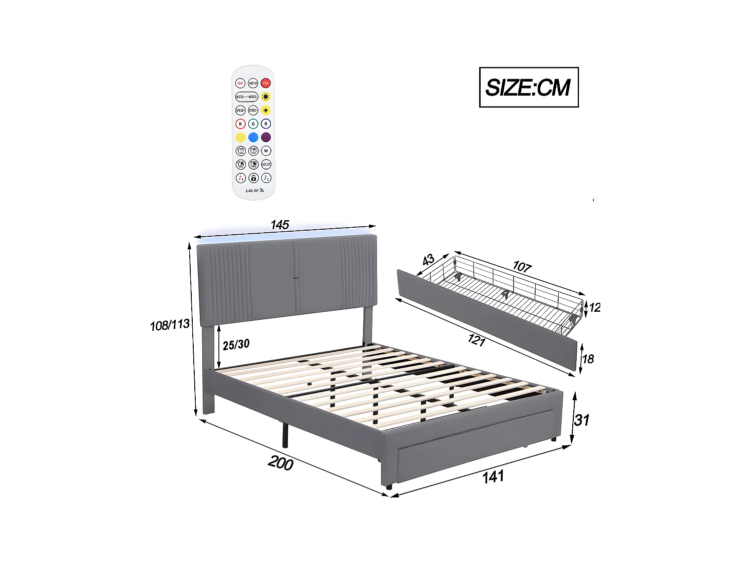 Lit double rembourré en velours 140x200cm - avec LED et Port de charge USB - avec un grand tiroir - Gris