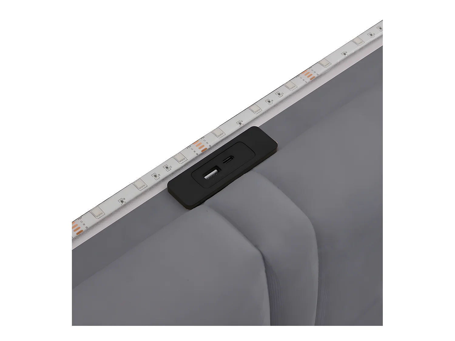 Lit double rembourré en velours 140x200cm - avec LED et Port de charge USB - avec un grand tiroir - Gris