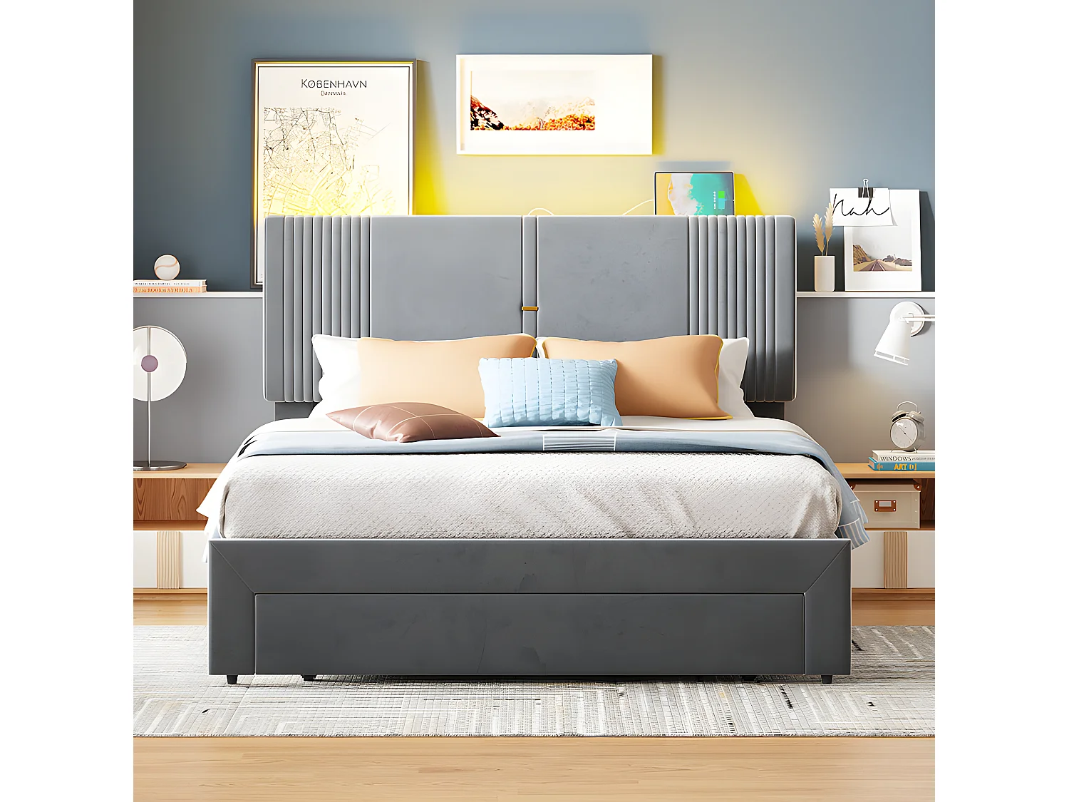 Gepolstertes Doppelbett 140x200cm – mit LED und USB-Ladeanschluss – mit großer Schublade – Grau