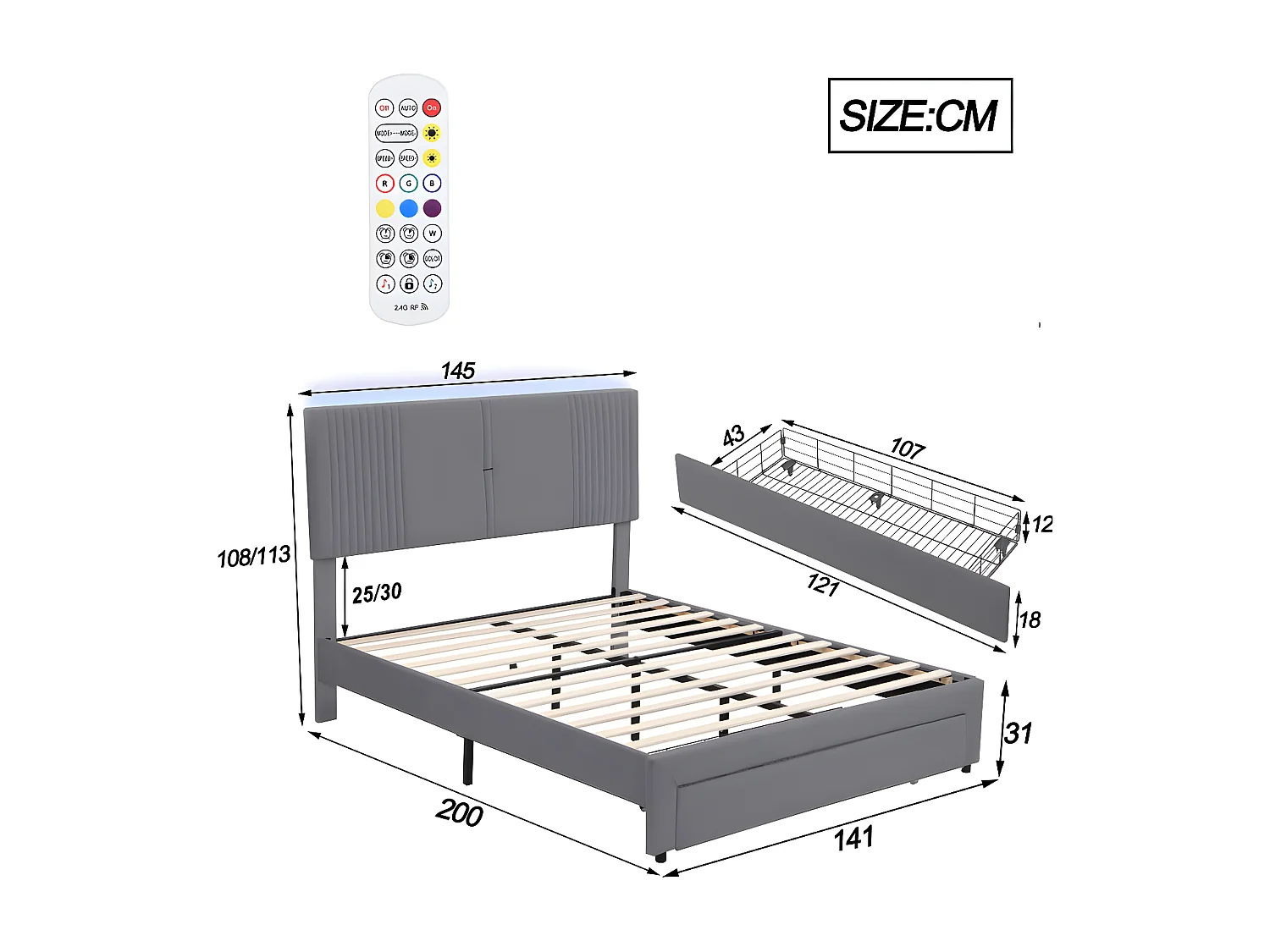 Gepolstertes Doppelbett 140x200cm – mit LED und USB-Ladeanschluss – mit großer Schublade – Grau