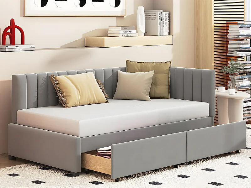 Samtgepolstertes Schlafsofa 90 x 200 cm – mit 2 großen Schubladen und Lattenrost – Grau